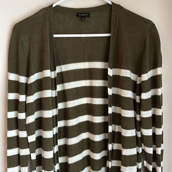 Talbots Women’s 100% linen knit duster long open cardigan Olive Knit Sweater med - Picture 2 of 8